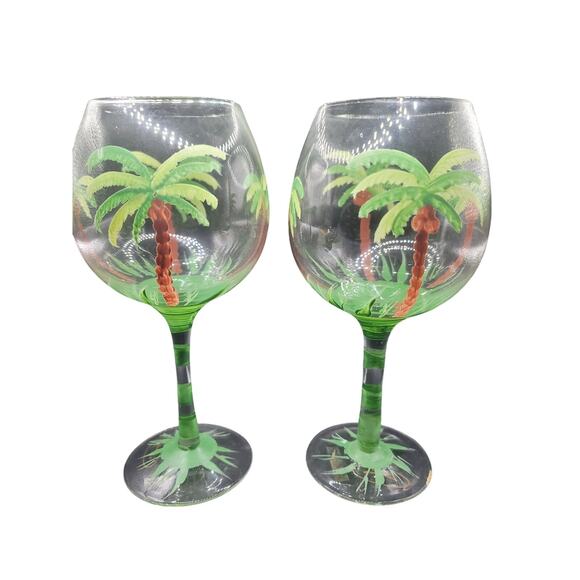 Hand Painted Palm Tree Wine Glasses, Set of 2 - Picture 1 of 3